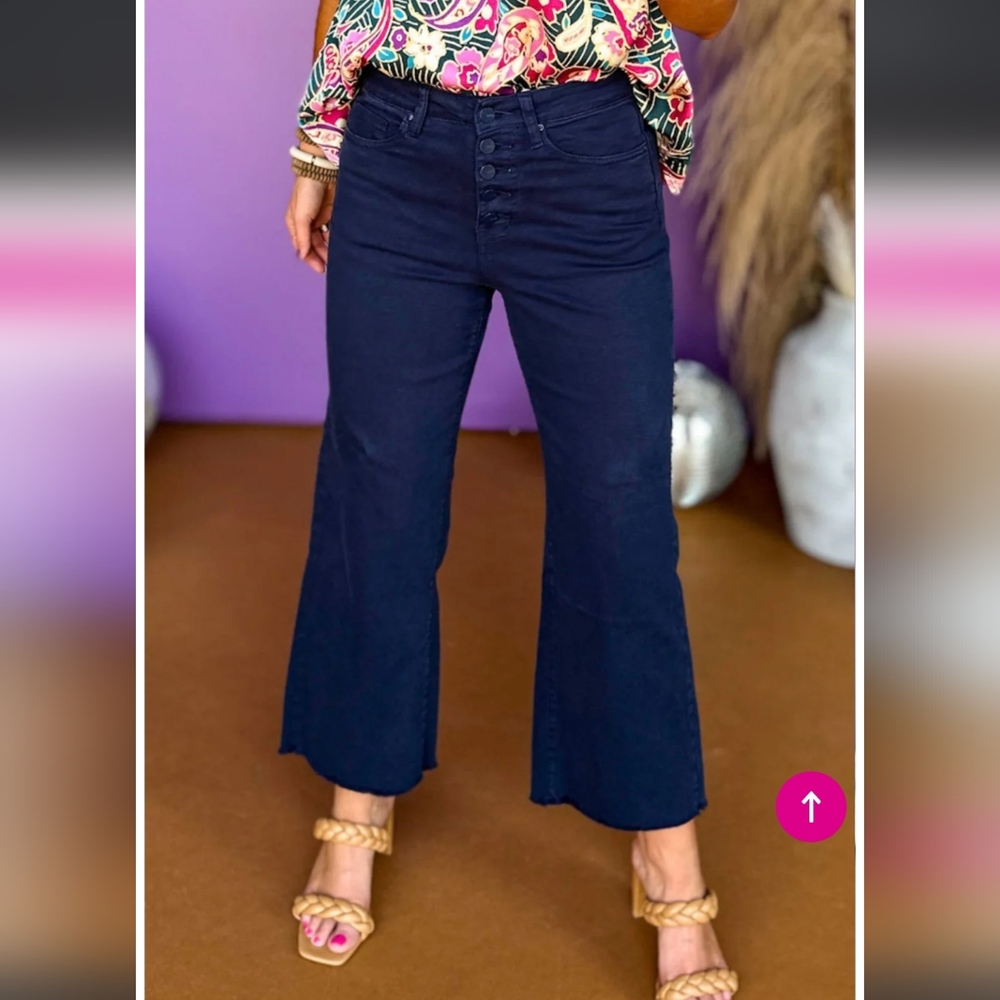 Mica Navy Blue Button Fley Wide Leg Crop Pants Size 28